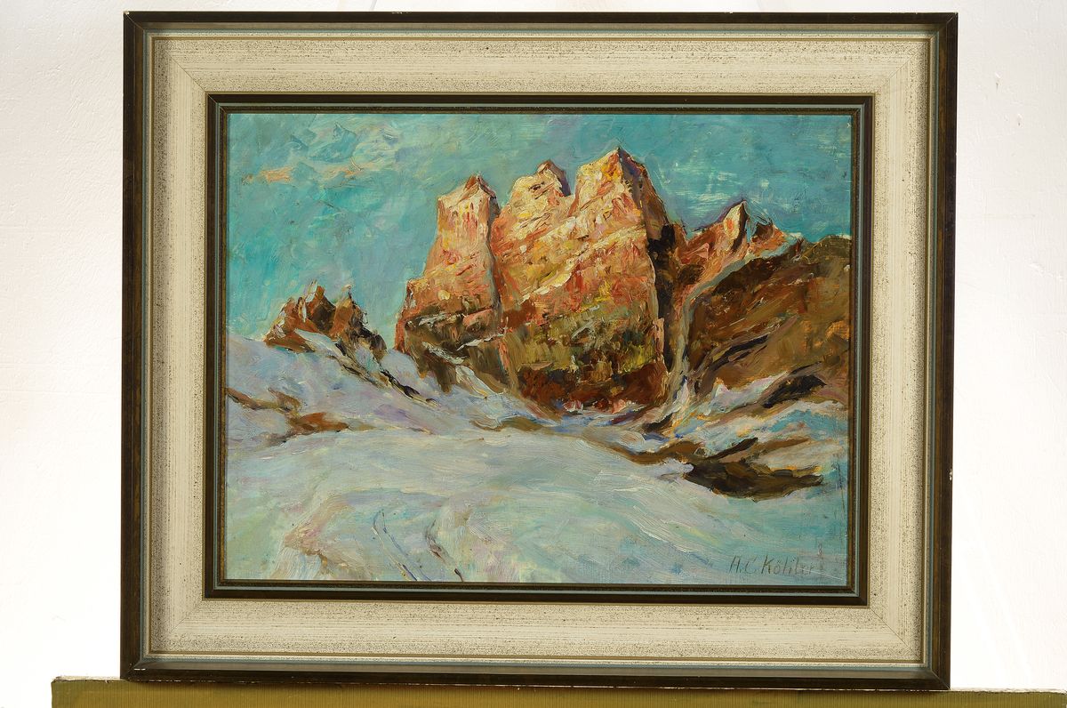 Detail k: A.C. Köhler, Künstler des 19./20.Jh., Hochalpine Landschaft, Bergformation ähnlich den Drei Zinnen in den Dolomiten, impressionistische Wiedergabe ...