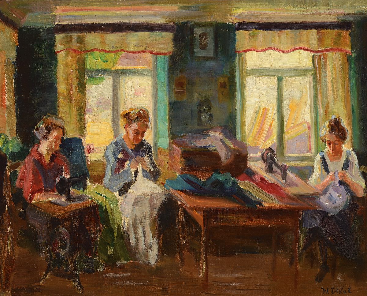 W. Dikel, erste Hälfte 20. Jh., Näherinnen bei der Arbeit, Öl/Platte, re. u. signiert, ca. 38 x 46 cm, Rahmen: 48 x 57 cm, Rahmen l. besch.