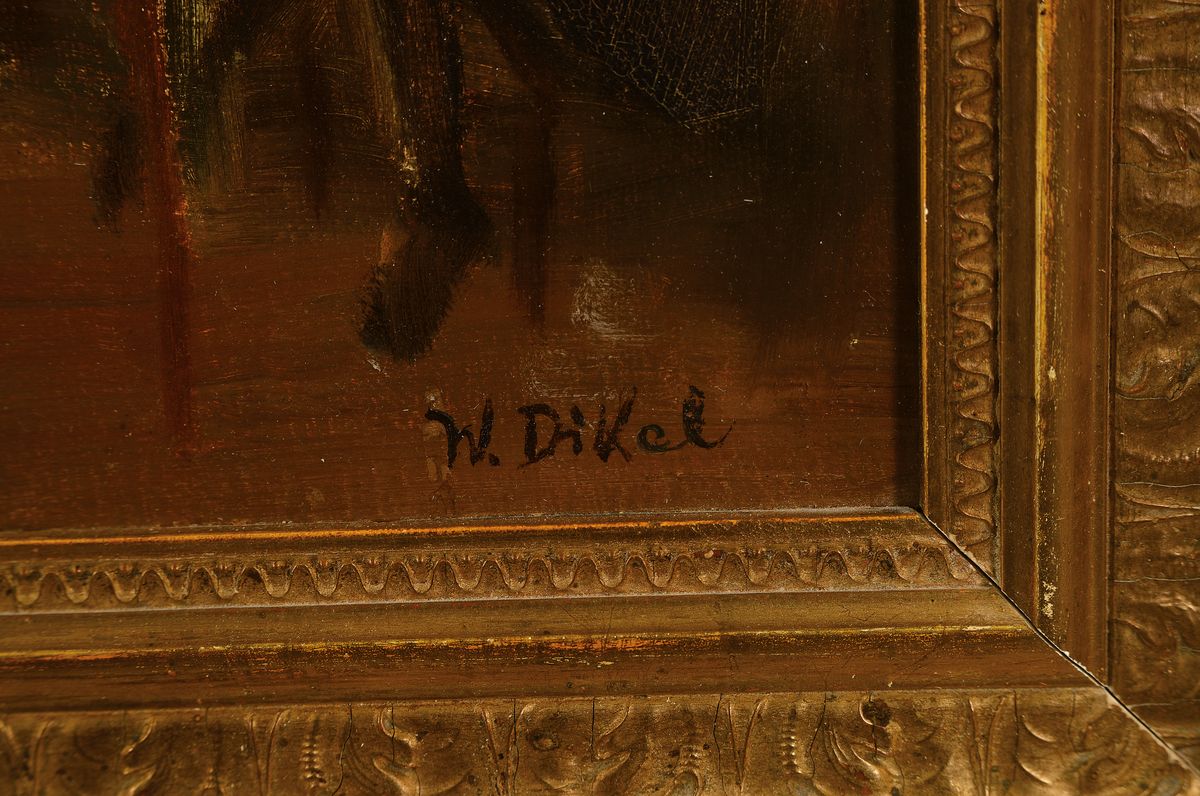 Detail a: W. Dikel, erste Hälfte 20. Jh., Näherinnen bei der Arbeit, Öl/Platte, re. u. signiert, ca. 38 x 46 cm, Rahmen: 48 x 57 cm, Rahmen l. besch.