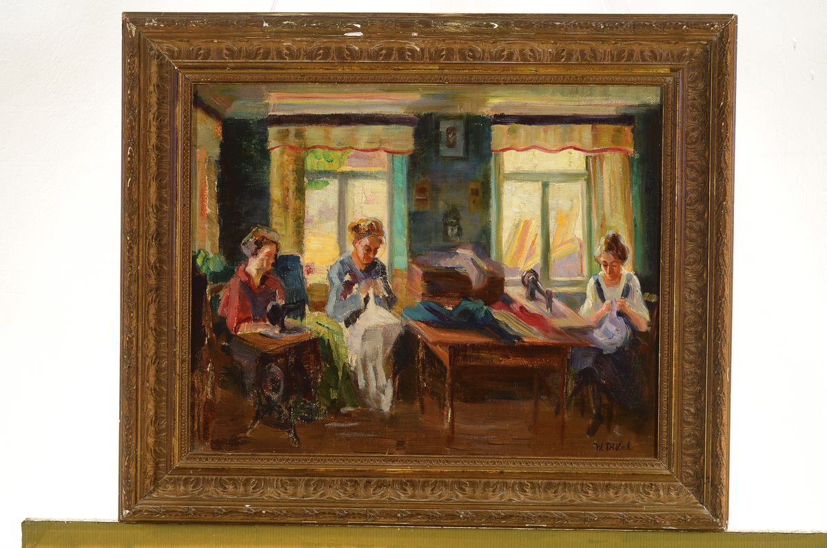 Detail k: W. Dikel, erste Hälfte 20. Jh., Näherinnen bei der Arbeit, Öl/Platte, re. u. signiert, ca. 38 x 46 cm, Rahmen: 48 x 57 cm, Rahmen l. besch.