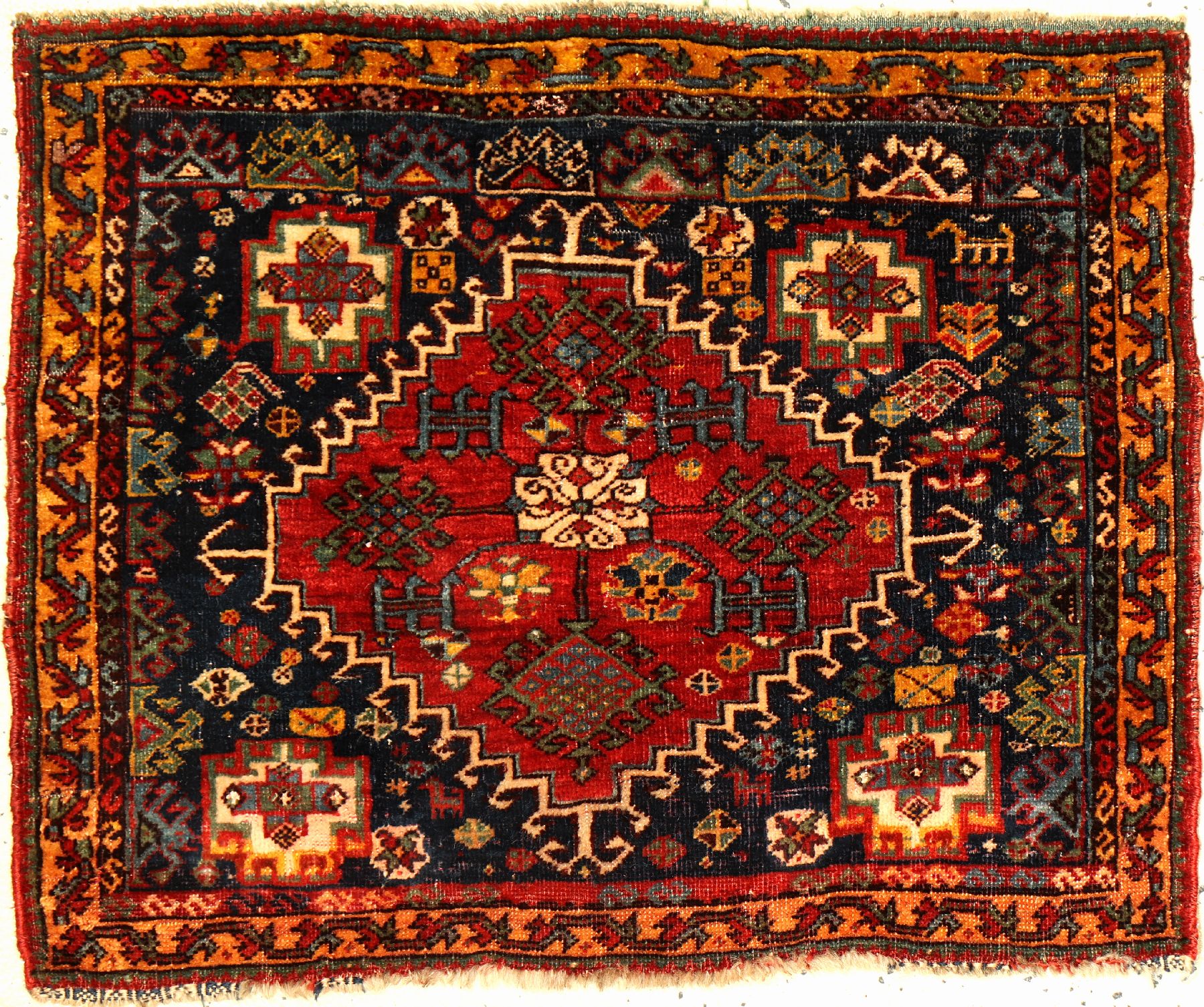 Feine Gaschgai "Taschenfront" antik (Violette Seidenschüsse und Highlights), Südwestpersien Fars-Region, 19.Jhd., Wolle geknüpft auf ...
