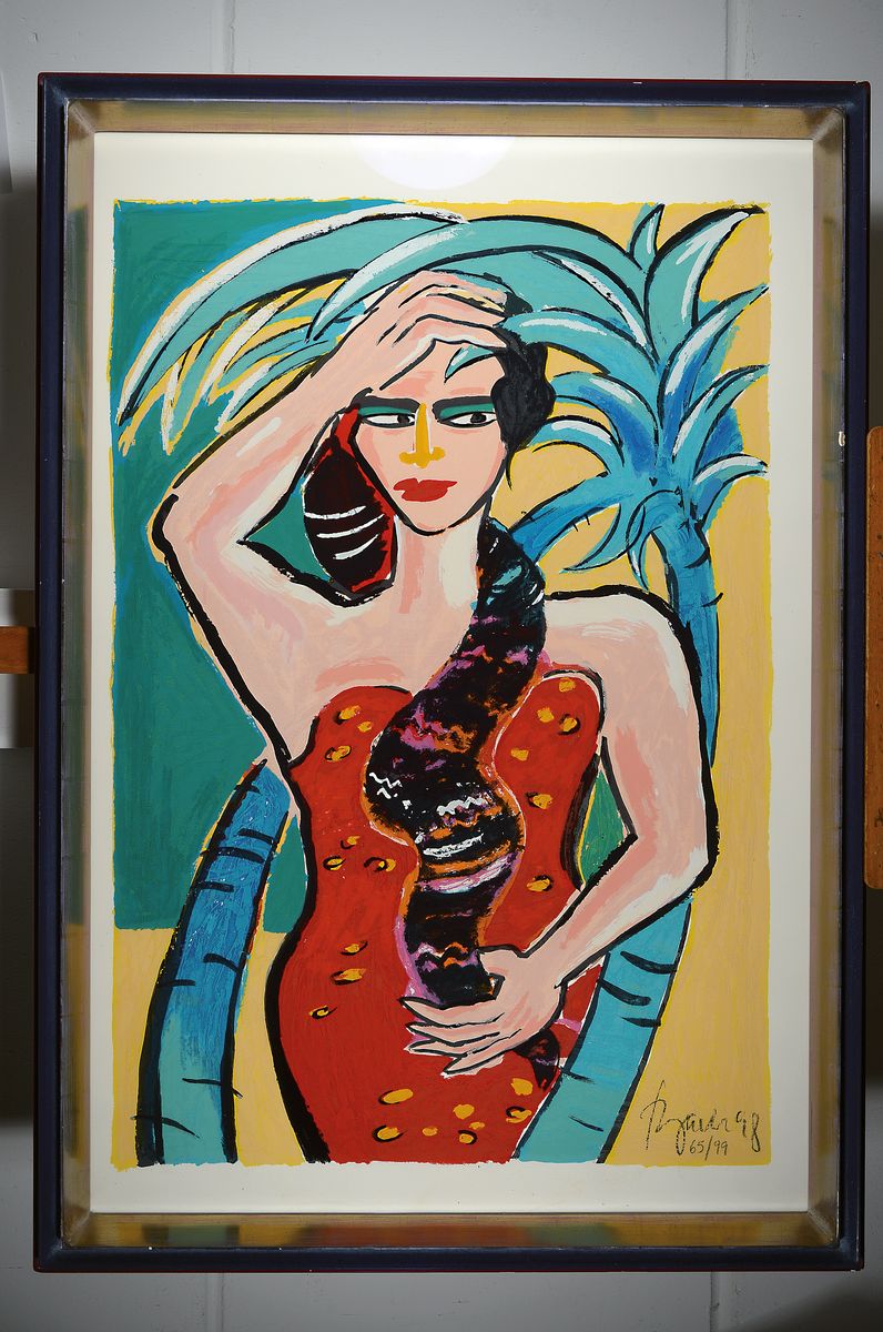 Detail k: Elvira Bach, geb. 1951, Frau mit Schlange, Serigraphie, handsign., num. 65/99, dat. 98, unter Glas gerahmt, Motiv ca. 118x78, gesamt ca. 131x93 cm