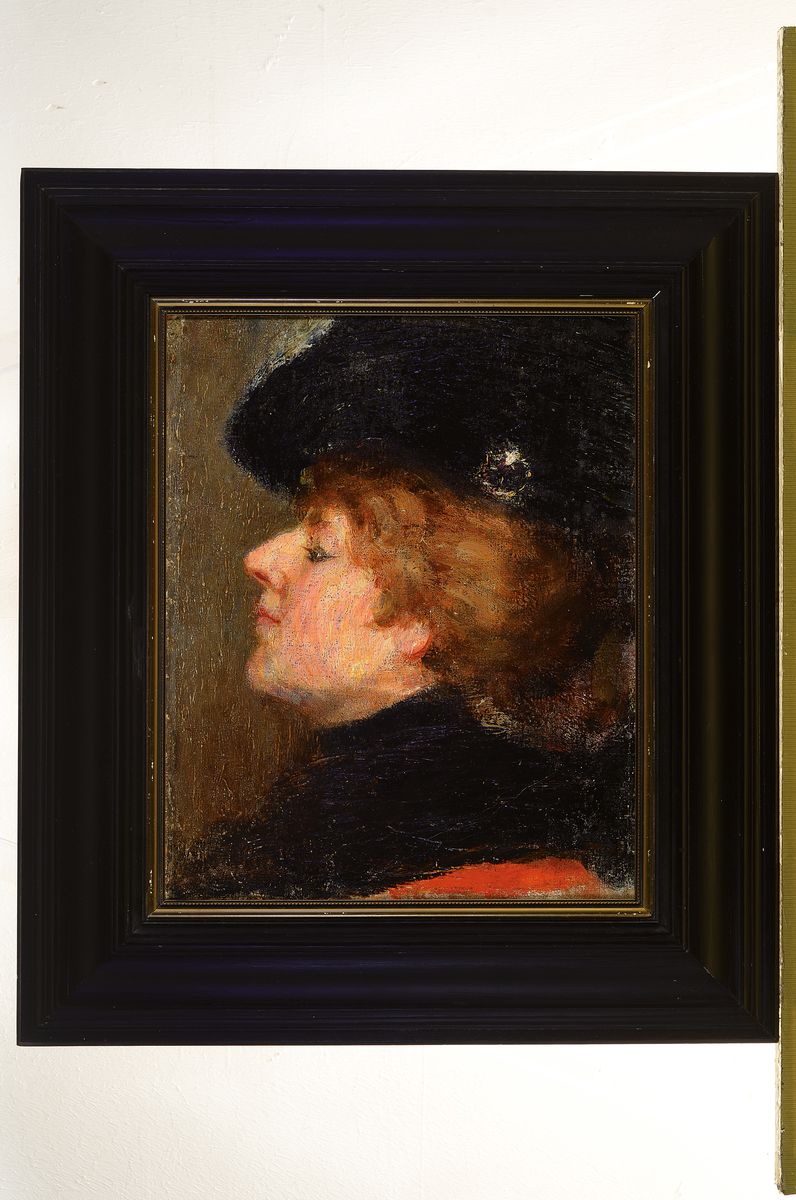 Detail k: Unbek. Künstler, Umkreis Habermann, Münchener Schule, um 1890/95, Porträt einer mondänen Dame im Profil, Öl/Lwd/Platte, unsigniert, ca. ...