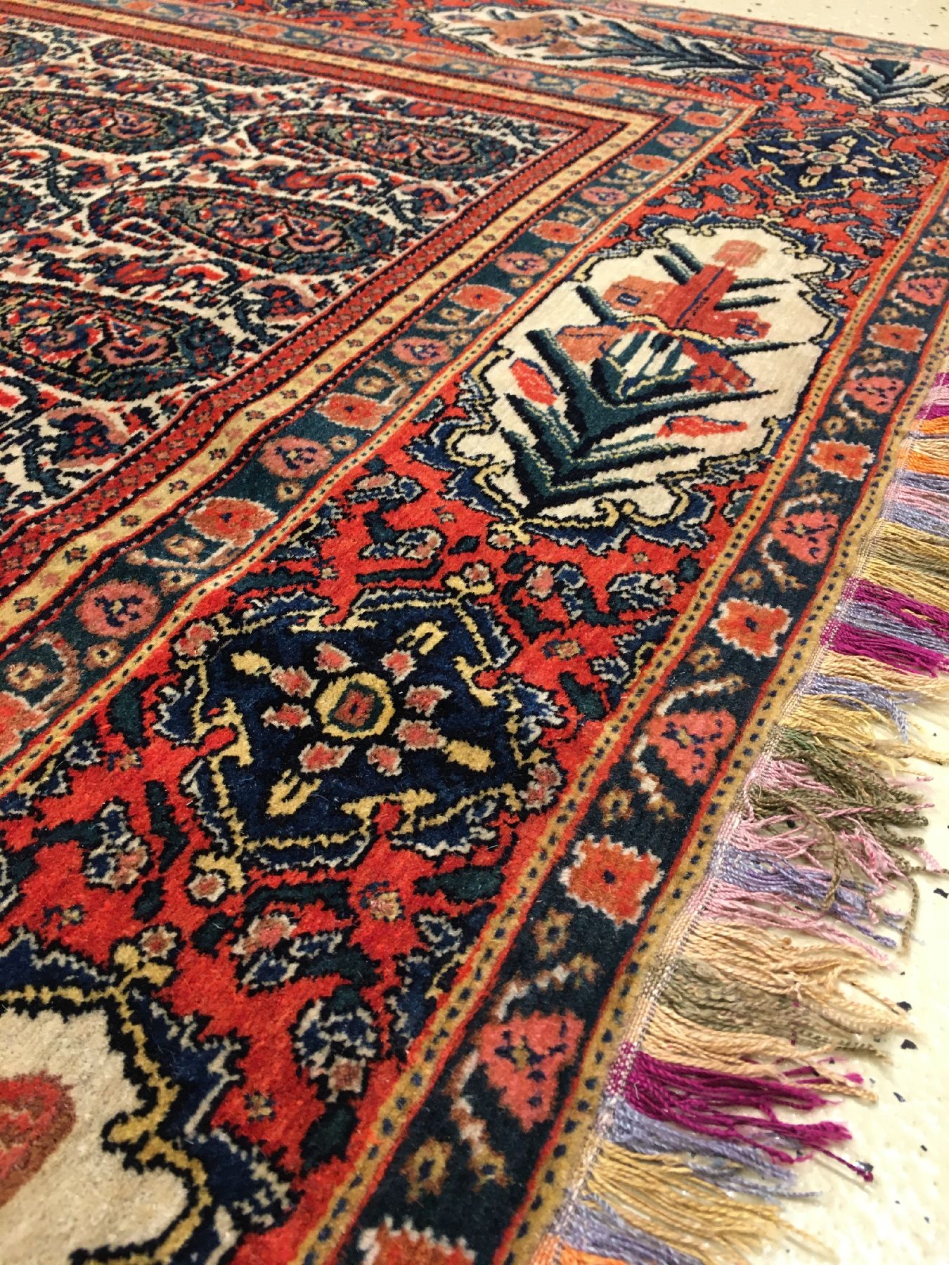 Detail g: Sehr feiner Senneh "Haftrang" antik (Multicolor Fransen und Kettfäden), Nordwestpersien, 19.Jhd., Korkwolle geknüpft auf mehrfarbige ...