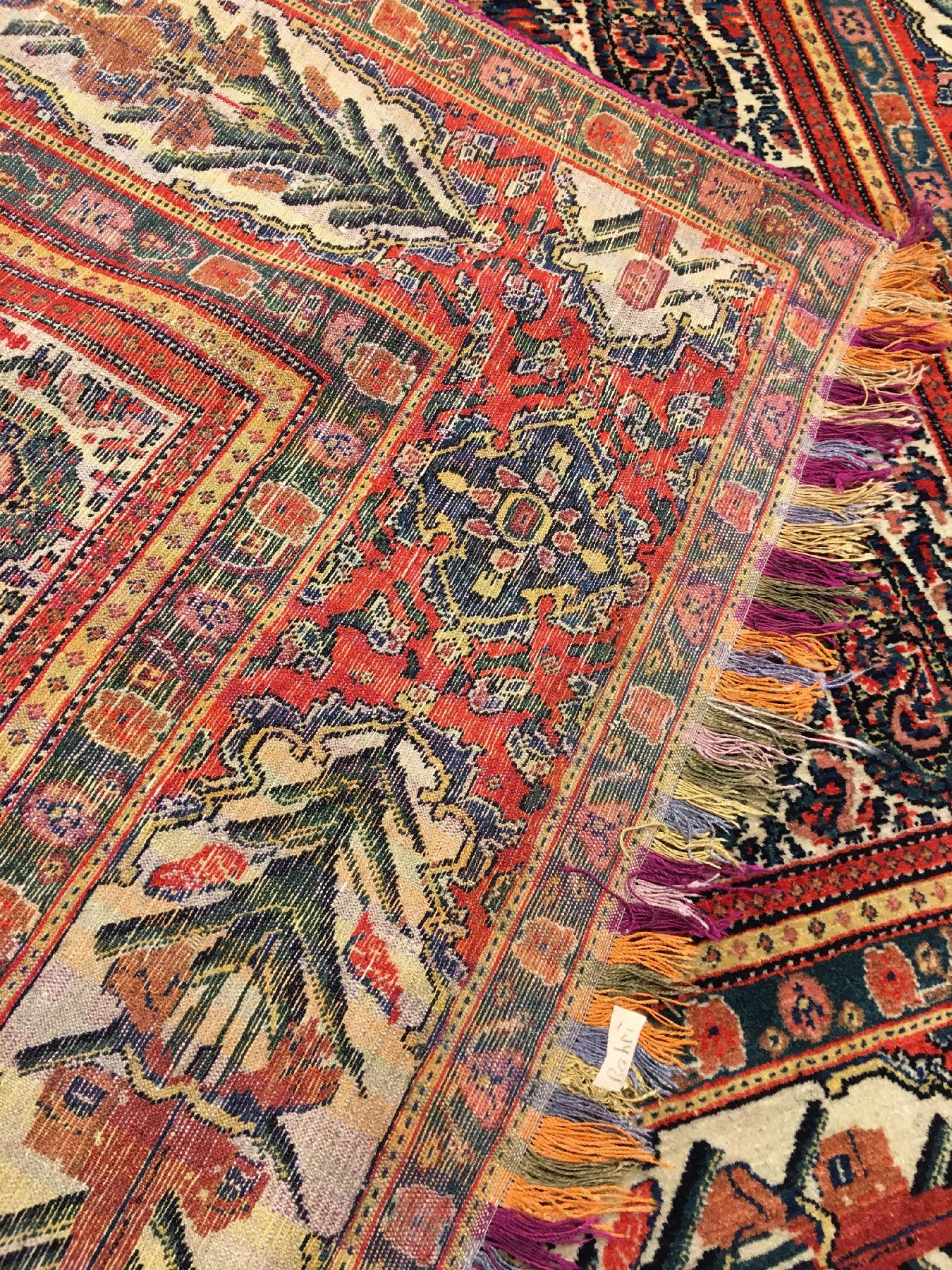 Detail h: Sehr feiner Senneh "Haftrang" antik (Multicolor Fransen und Kettfäden), Nordwestpersien, 19.Jhd., Korkwolle geknüpft auf mehrfarbige ...