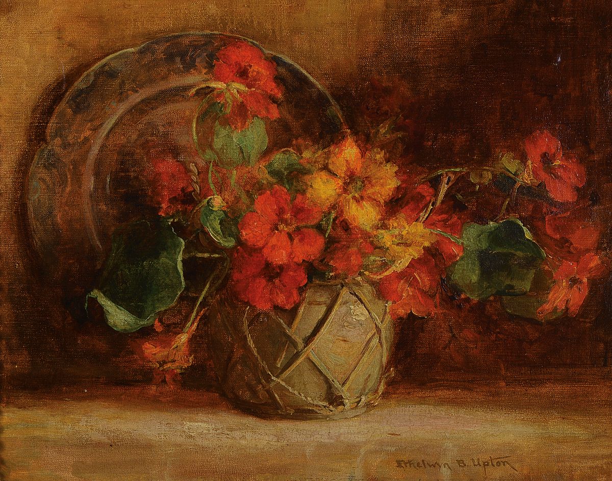 Ethelwyn B. Upton, 1921 gestorben, Stillleben mit Kapuzinerkresse, Öl/Lwd., re. unten signiert, qualitätvolle Malerei, ca. 30x 38 cm, Rahmen