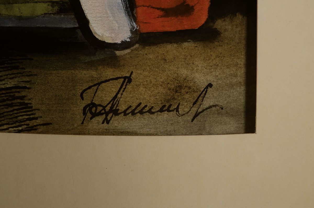 Detail a: Russischer Künstler, Mitte 20. Jh., alte Wahrsagerin mit Seelentier und Deutungsgegenständen, Mischtechnik, seitlich mit kyrillischer Schrift, re. ...