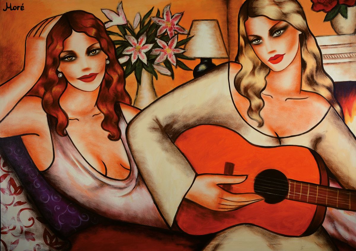 Ekaterine More, geb. 1976 Sankt Petersburg, Gitarrenspielerinnen, Acryl/Lwd, 2006, li. oben signiert, ca. 100 x 140 cm