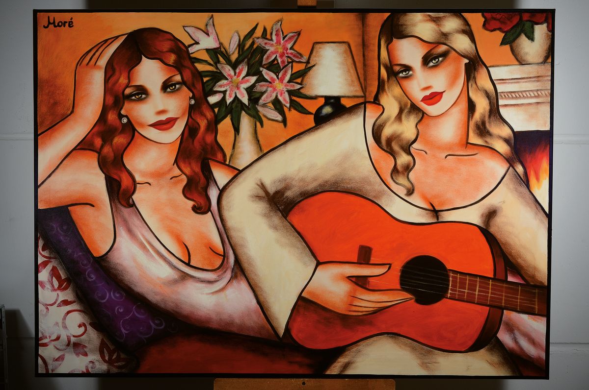 Detail k: Ekaterine More, geb. 1976 Sankt Petersburg, Gitarrenspielerinnen, Acryl/Lwd, 2006, li. oben signiert, ca. 100 x 140 cm
