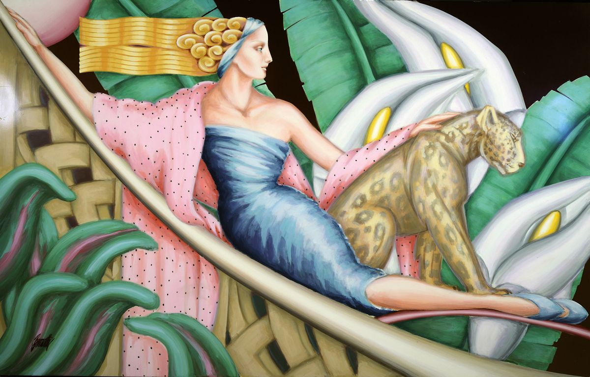 Bernartz, zeitgenössischer Künstler, inspiriert von der Art Deco Epoche, Frau mit Leopard, Acryl/Platte, re. u. signiert, ca. 107 x 167 cm, min. ...