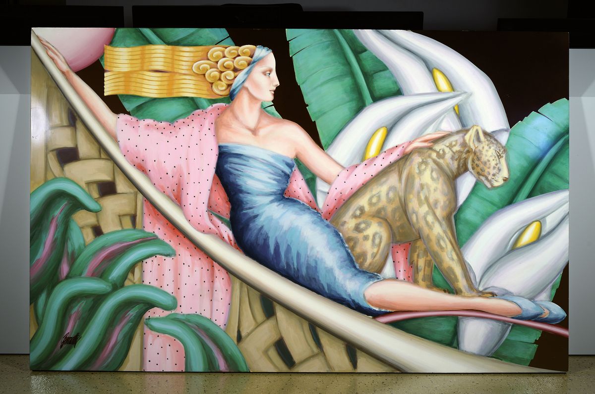 Detail k: Bernartz, zeitgenössischer Künstler, inspiriert von der Art Deco Epoche, Frau mit Leopard, Acryl/Platte, re. u. signiert, ca. 107 x 167 cm, min. ...