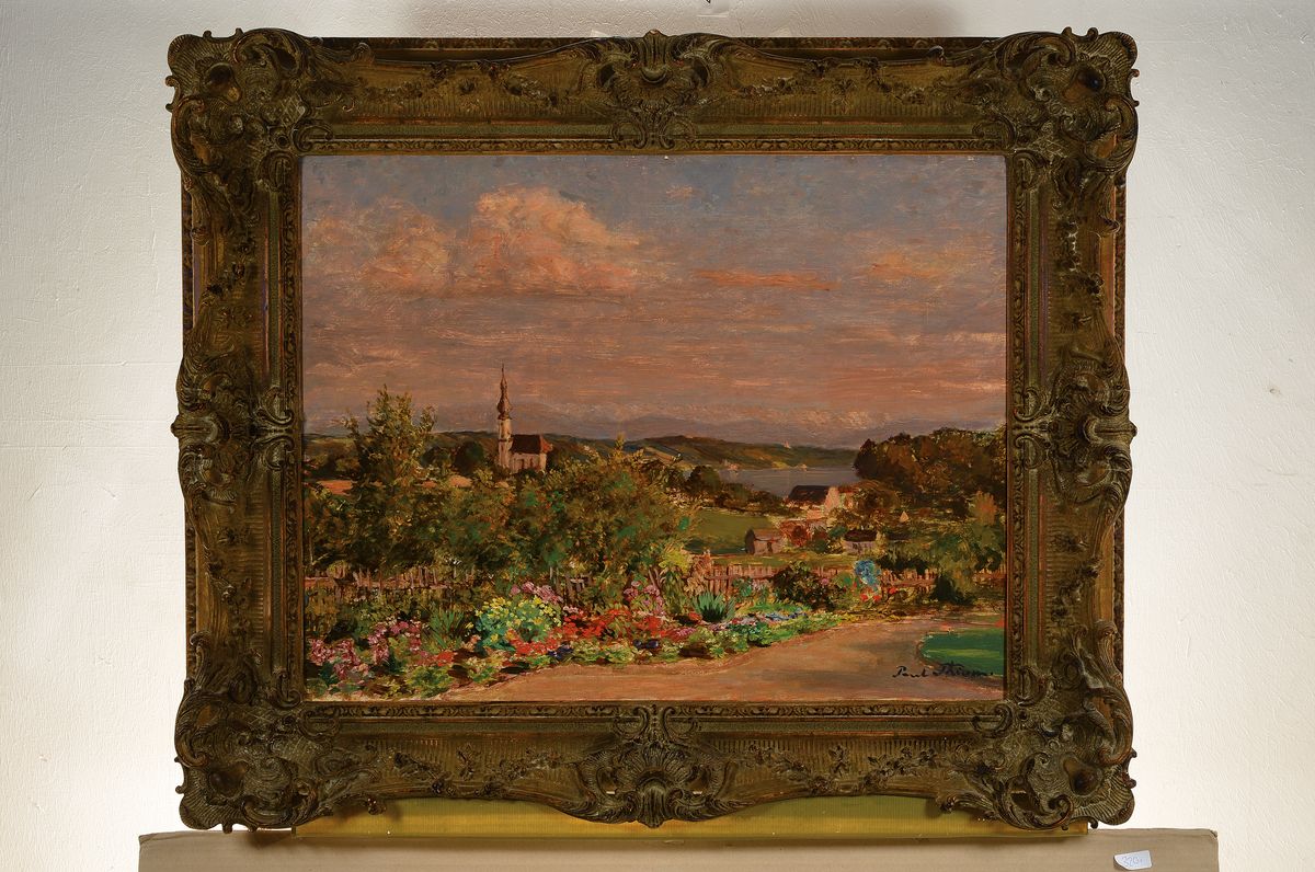 Detail k: Paul Thiem, 1858 Berlin- 1922 Starnberg, Studium an der KA München, in Starnberg ansässiger Maler, hier sommerliche Landschaft mit Blick wohl auf ...
