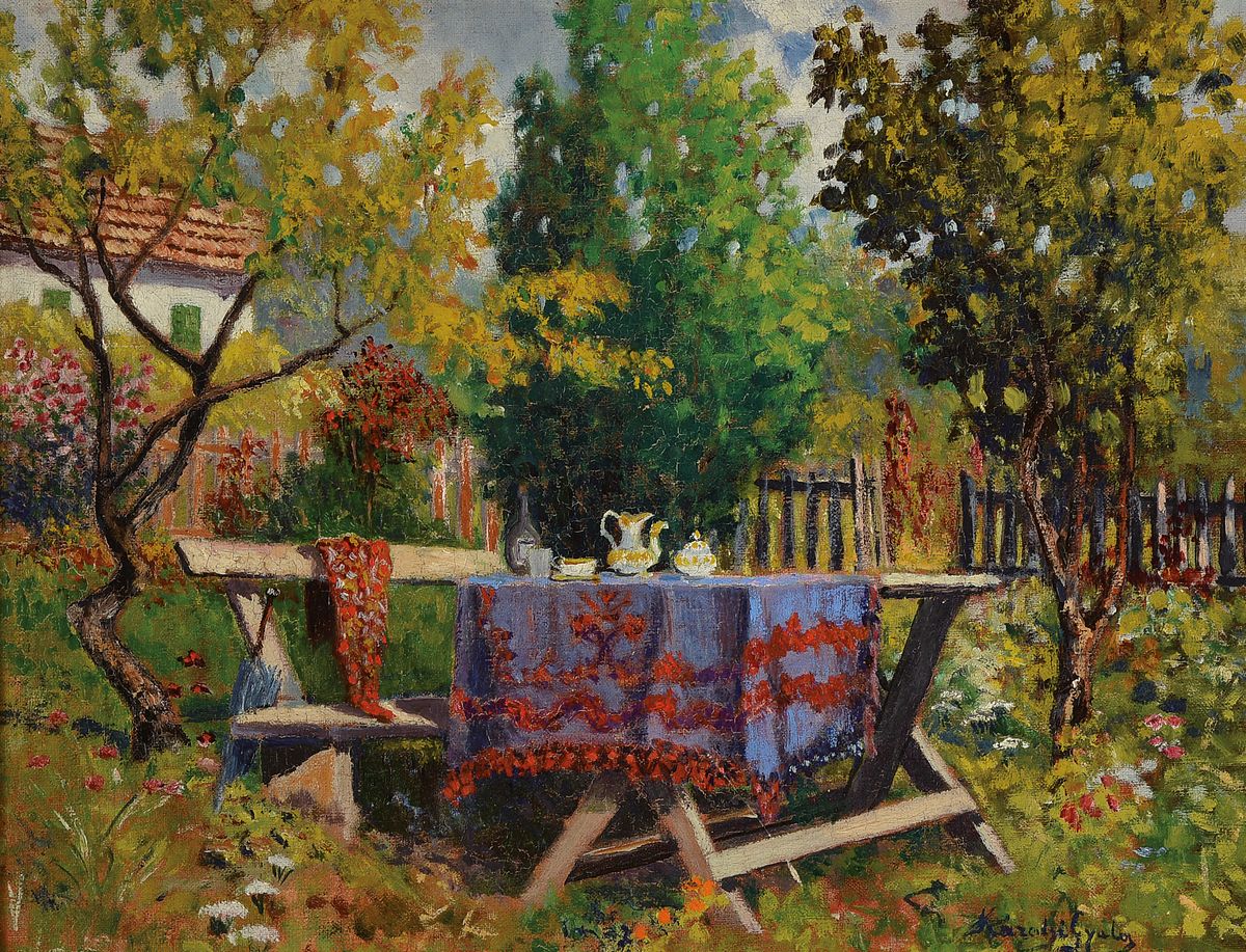 Ungarischer Maler, unleserlich signiert, um 1900/20, Gartenansicht mit Sitzgruppe, Öl/Malkarton, ca. 50 x 58 cm, Prunkrahmen l. besch.