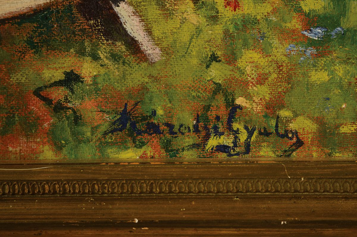 Detail a: Ungarischer Maler, unleserlich signiert, um 1900/20, Gartenansicht mit Sitzgruppe, Öl/Malkarton, ca. 50 x 58 cm, Prunkrahmen l. besch.