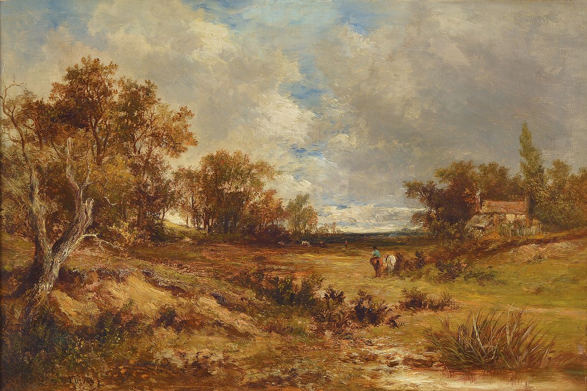 Joseph Thors, tätig 1863 - 1900, "Breezy day", Öl/Lwd., englische Landschaft mit kleinem Cottage im Hintergrund, Reiter mit zweitem ...