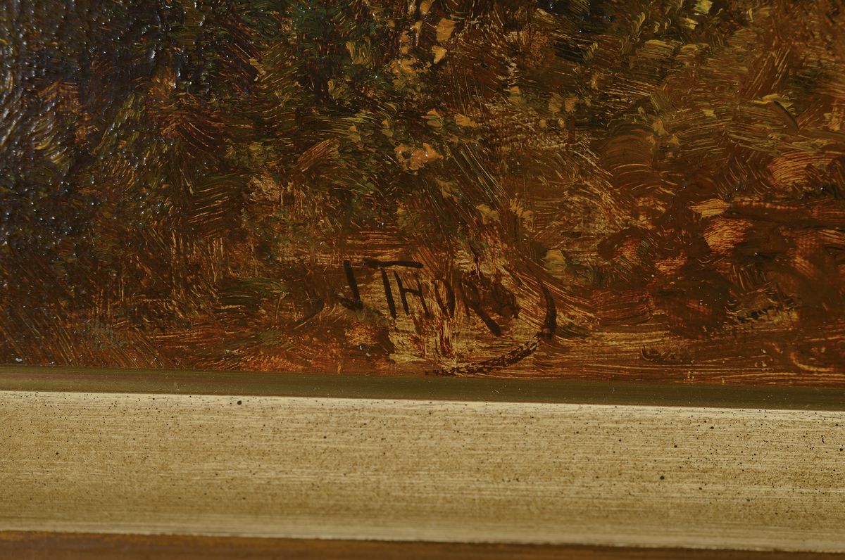 Detail a: Joseph Thors, tätig 1863 - 1900, "Breezy day", Öl/Lwd., englische Landschaft mit kleinem Cottage im Hintergrund, Reiter mit zweitem ...