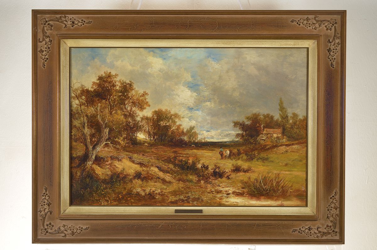 Detail k: Joseph Thors, tätig 1863 - 1900, "Breezy day", Öl/Lwd., englische Landschaft mit kleinem Cottage im Hintergrund, Reiter mit zweitem ...