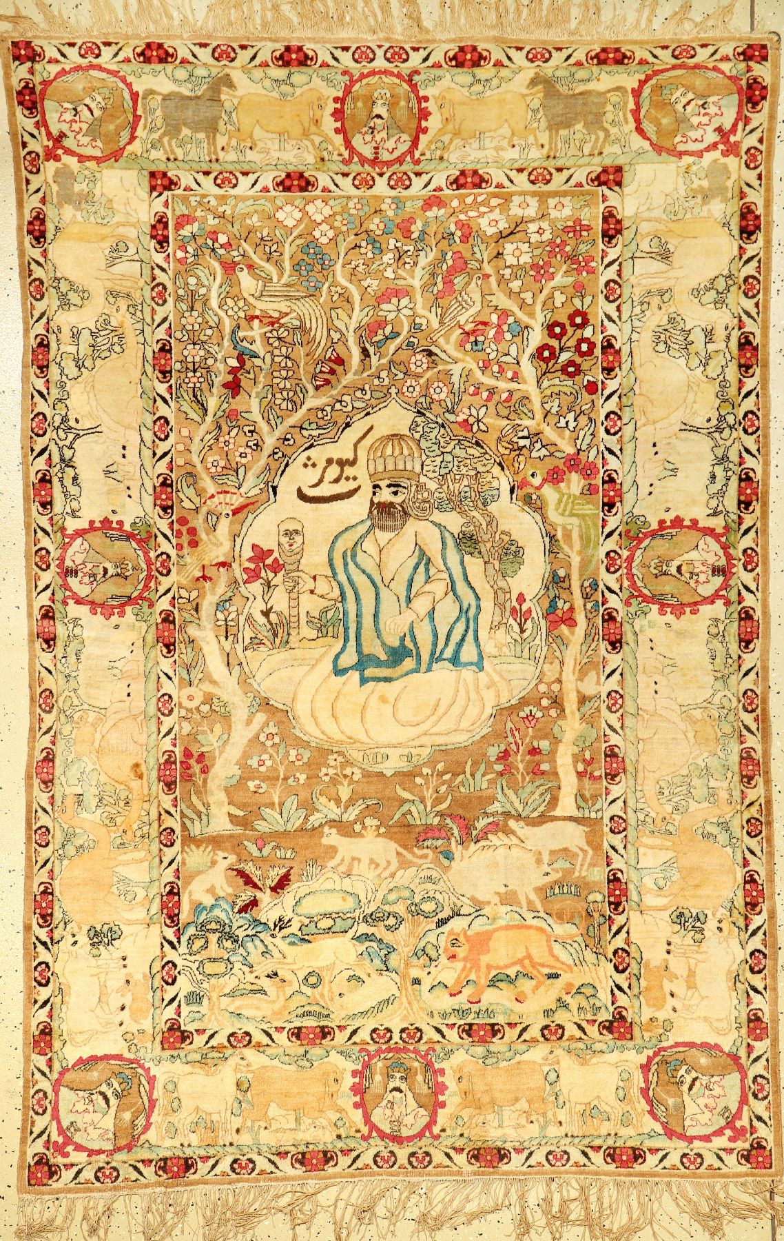 Feiner Kerman-Lavar "Bildteppich" antik (Schah Keyumars), Südpersien, 19.Jhd., Wolle geknüpft auf Baumwolle. Seltener früher Kerman ...