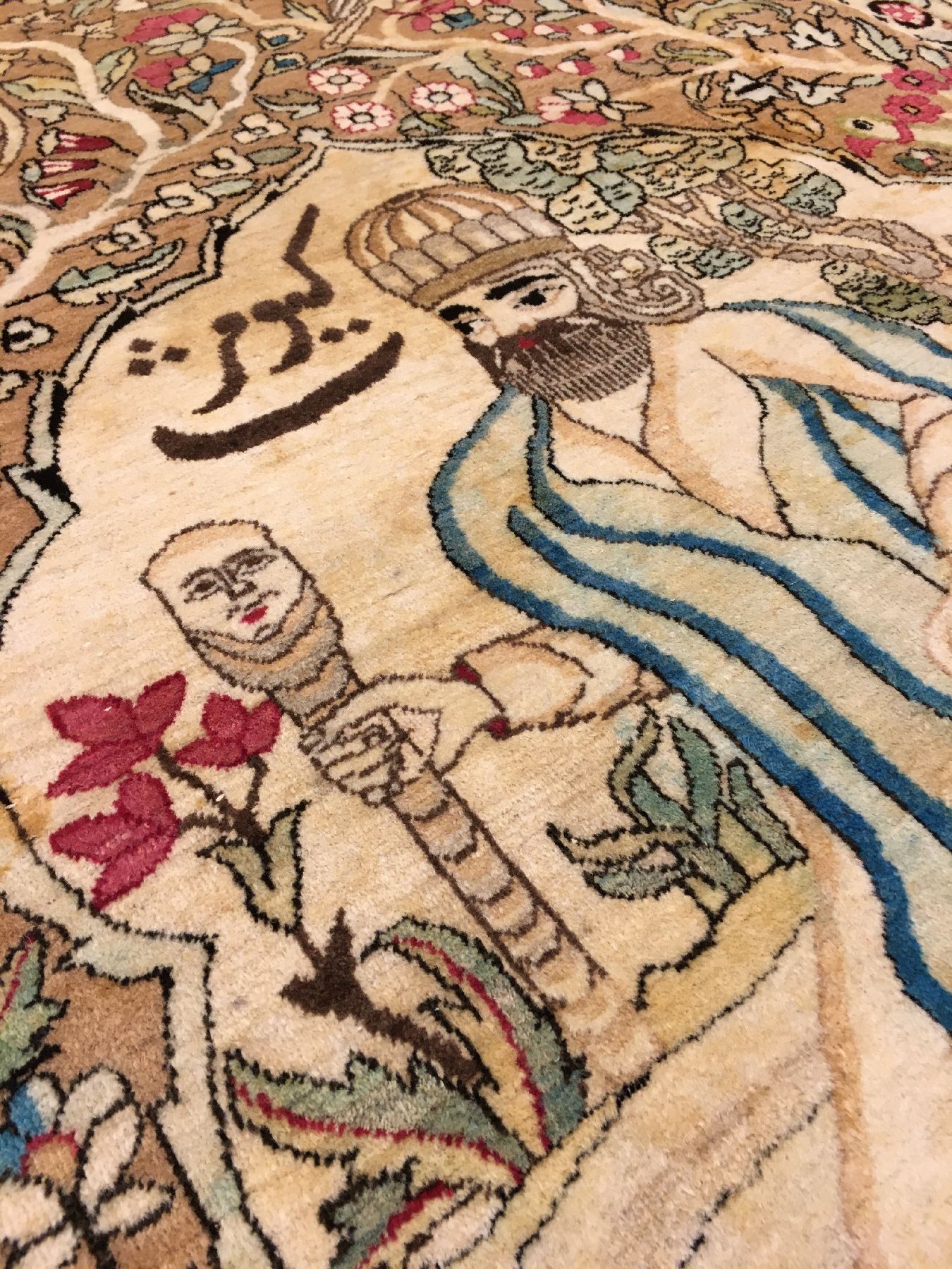 Detail d: Feiner Kerman-Lavar "Bildteppich" antik (Schah Keyumars), Südpersien, 19.Jhd., Wolle geknüpft auf Baumwolle. Seltener früher Kerman ...