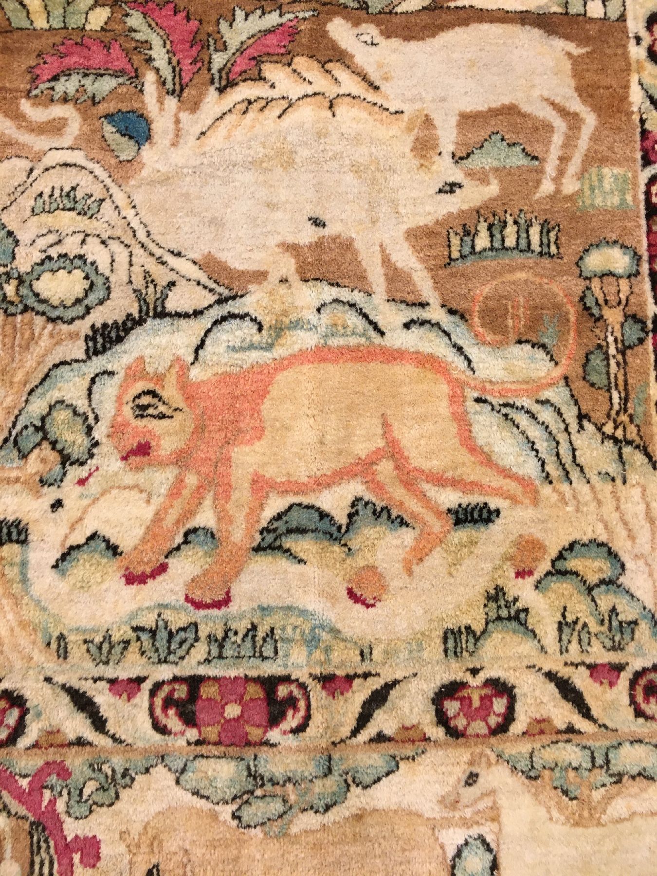 Detail g: Feiner Kerman-Lavar "Bildteppich" antik (Schah Keyumars), Südpersien, 19.Jhd., Wolle geknüpft auf Baumwolle. Seltener früher Kerman ...