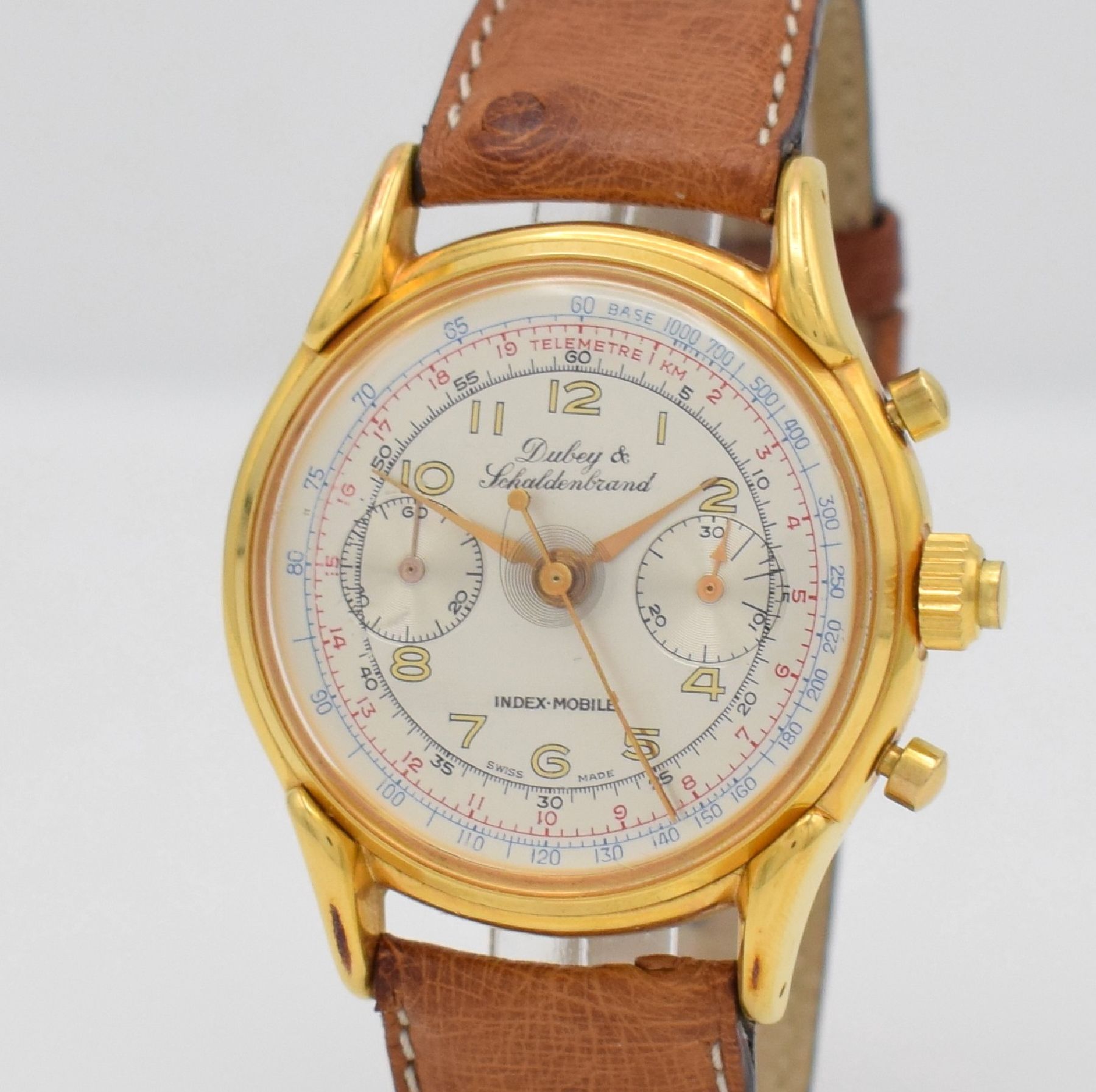 Detail c: DUBEY & SCHALDENBRAND Chronograph Index-Mobilemit Semi-Rattrapante, Schweiz um 1945/1990, Handaufzug, aus Restbeständen montierte Werke von ca. ...