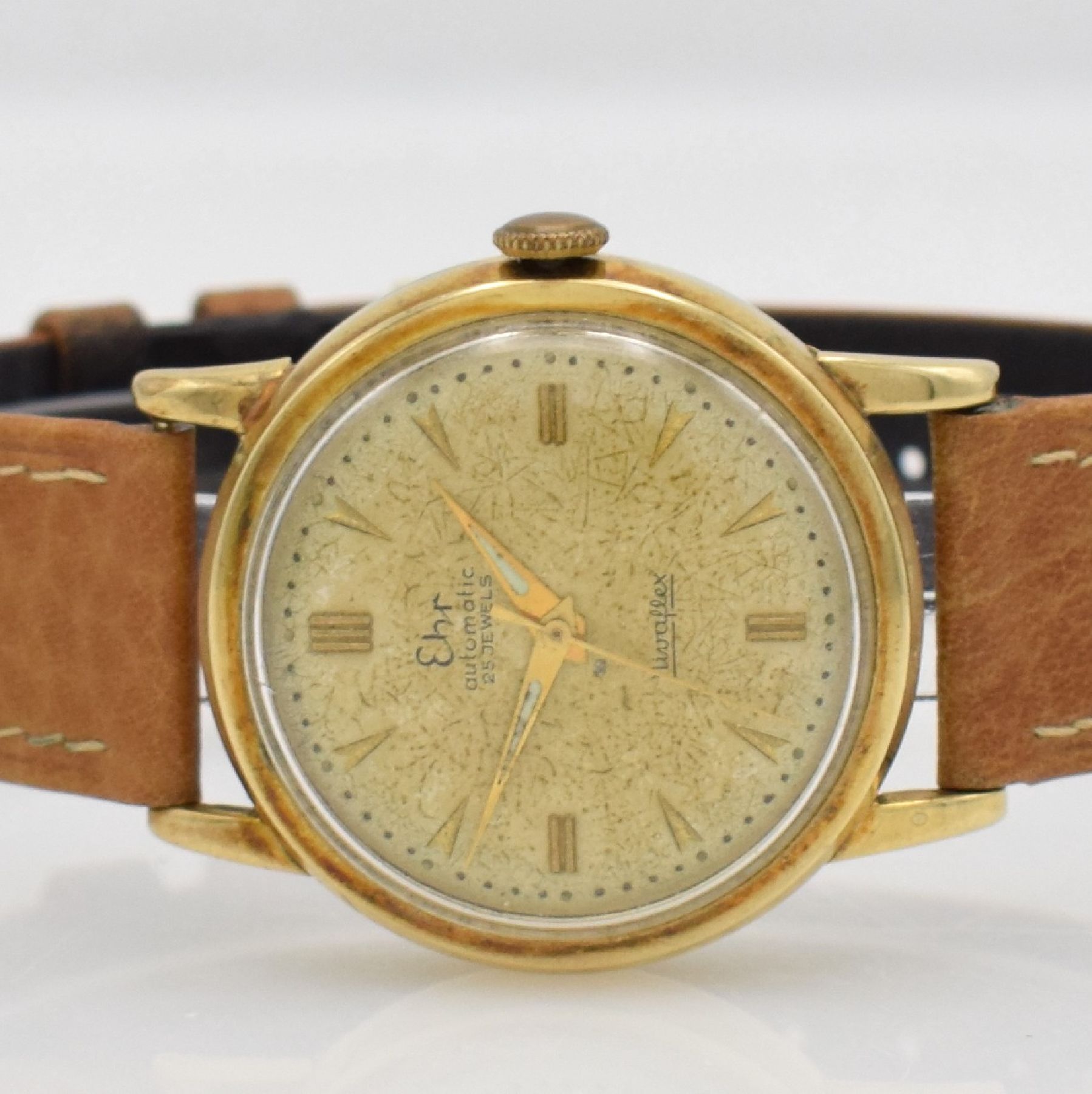 Detail i: Konvolut: 3 Armbanduhren in GG 585/000, Deutschland ca. 1945 - 1960, gedr. Geh., 1.: JUNGHANS Handaufzug Kal. 87/10, silb. Zifferbl., gold. Zeiger, ...