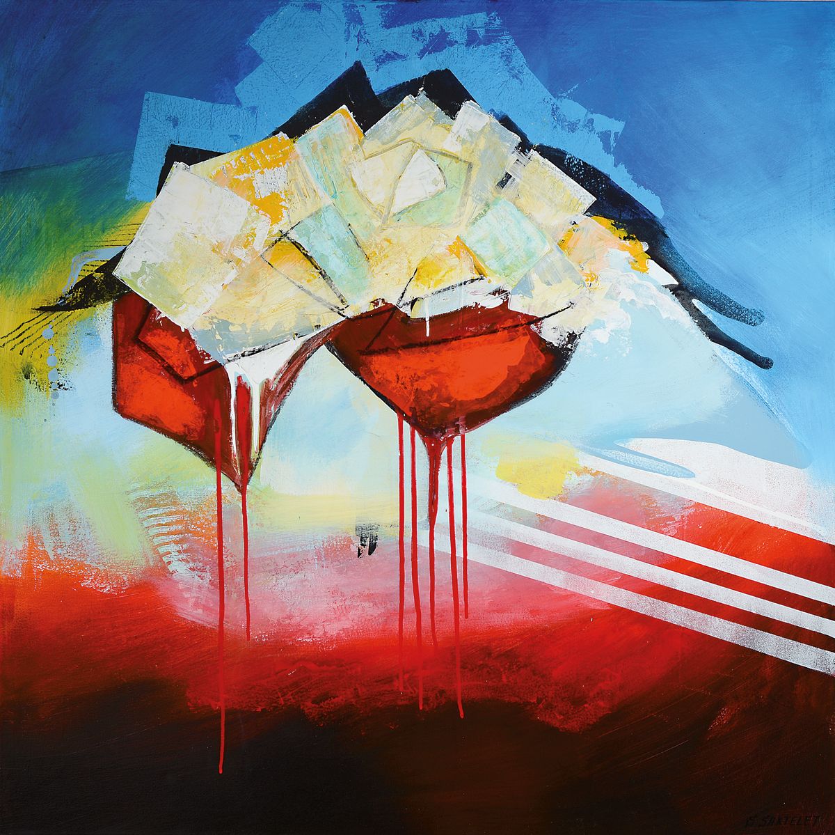 Silvia Sartelet, geb 1947 Berlin, abstrakte Komposition, Acryl/Lwd, signiert ca. 100 x 100 cm