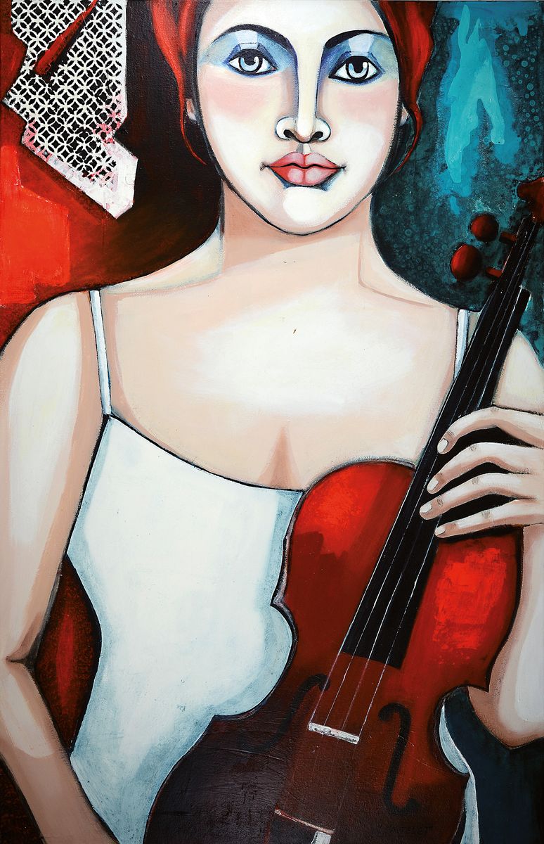 Silvia Sartelet, geb. 1947 in Berlin, zeitgenössische Malerin aus der Pfalz, Frau mit Violine, Acryl/Leinwand, ca. 75 x 115 cm