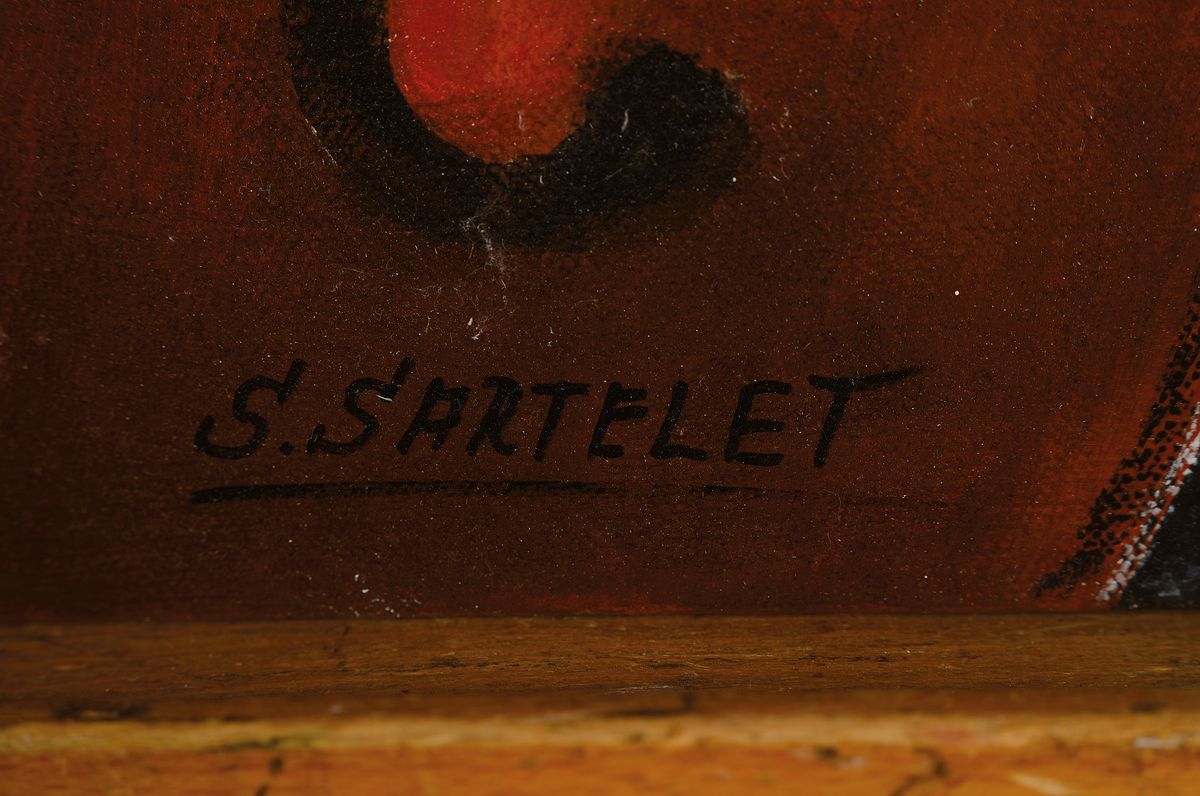 Detail a: Silvia Sartelet, geb. 1947 in Berlin, zeitgenössische Malerin aus der Pfalz, Frau mit Violine, Acryl/Leinwand, ca. 75 x 115 cm