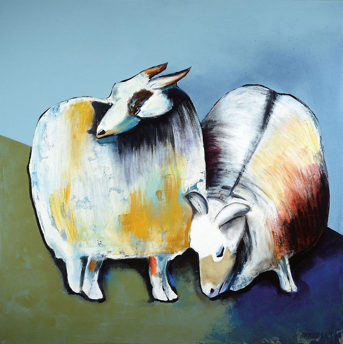 Silvia Sartelet, geb. 1947 in Berlin, zeitgenössische Malerin aus der Pfalz, grasende Schafe, Acryl/Lwd, signiert, ca. 90 x 90 cm