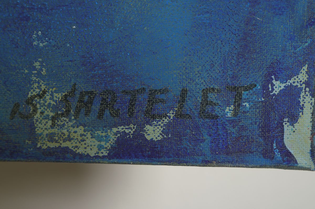 Detail a: Silvia Sartelet, geb. 1947 in Berlin, zeitgenössische Malerin aus der Pfalz, grasende Schafe, Acryl/Lwd, signiert, ca. 90 x 90 cm