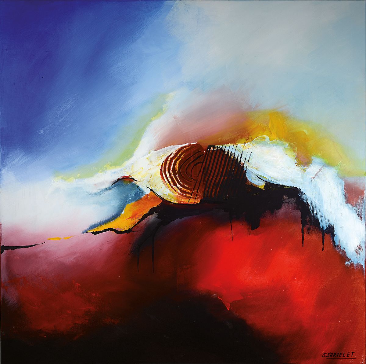 Silvia Sartelet, geb. 1947 Berlin, zeitgenössische Künstlerin in der Pfalz ansässig, abstrakte Komposition, signiert ca. 100 x 100 cm