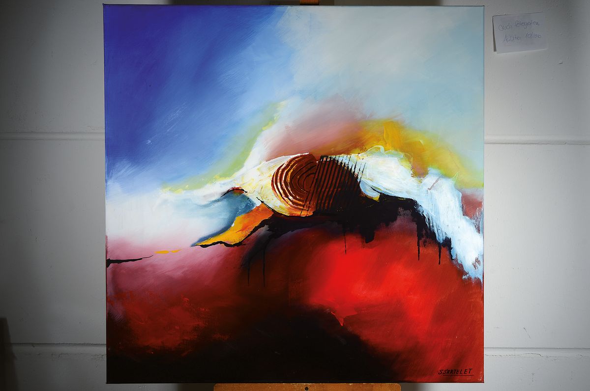 Detail k: Silvia Sartelet, geb. 1947 Berlin, zeitgenössische Künstlerin in der Pfalz ansässig, abstrakte Komposition, signiert ca. 100 x 100 cm