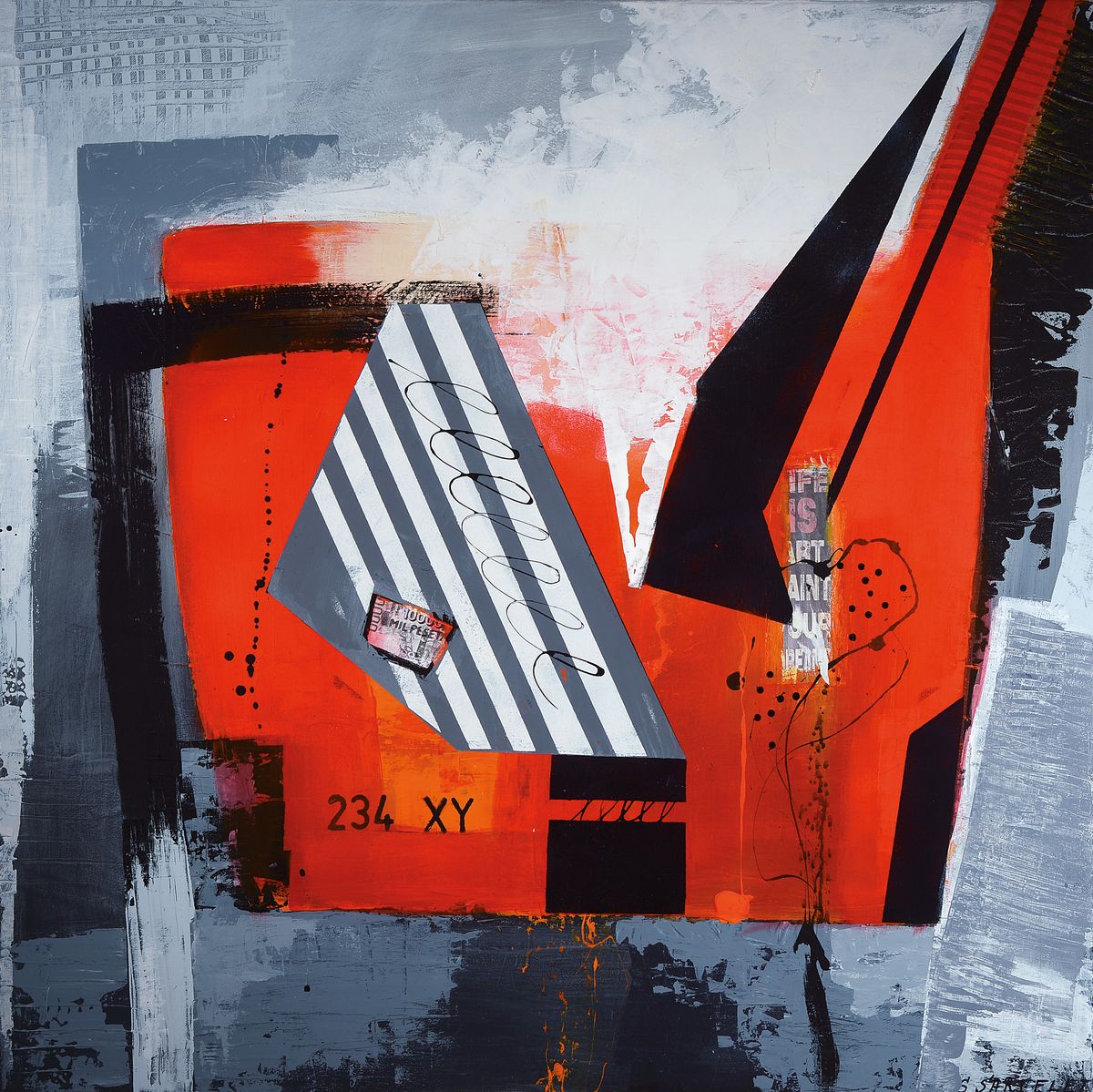 Silvia Sartelet, geb. 1947 Berlin, zeitgenössische Künstlerin in der Pfalz ansässig, abstrakte Komposition, signiert ca. 100 x 100 cm