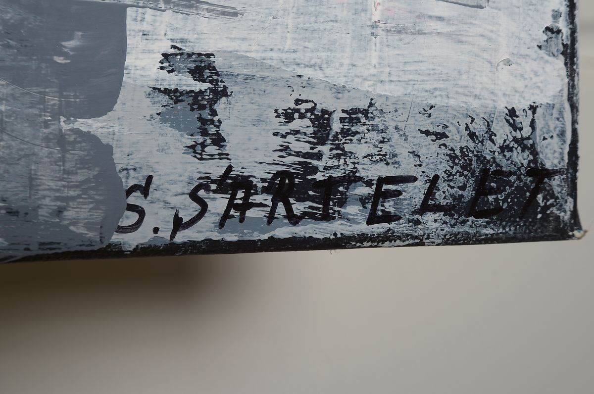 Detail a: Silvia Sartelet, geb. 1947 Berlin, zeitgenössische Künstlerin in der Pfalz ansässig, abstrakte Komposition, signiert ca. 100 x 100 cm