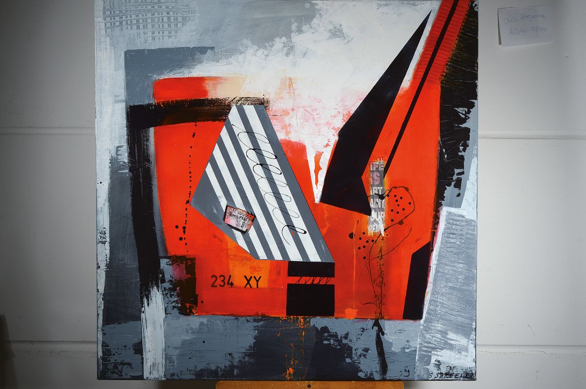 Detail k: Silvia Sartelet, geb. 1947 Berlin, zeitgenössische Künstlerin in der Pfalz ansässig, abstrakte Komposition, signiert ca. 100 x 100 cm