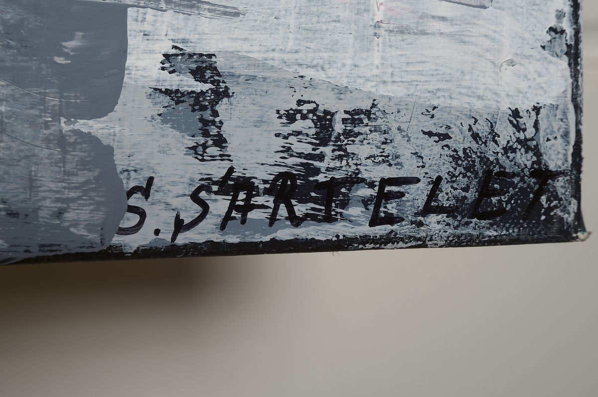 Detail l: Silvia Sartelet, geb. 1947 Berlin, zeitgenössische Künstlerin in der Pfalz ansässig, abstrakte Komposition, signiert ca. 100 x 100 cm
