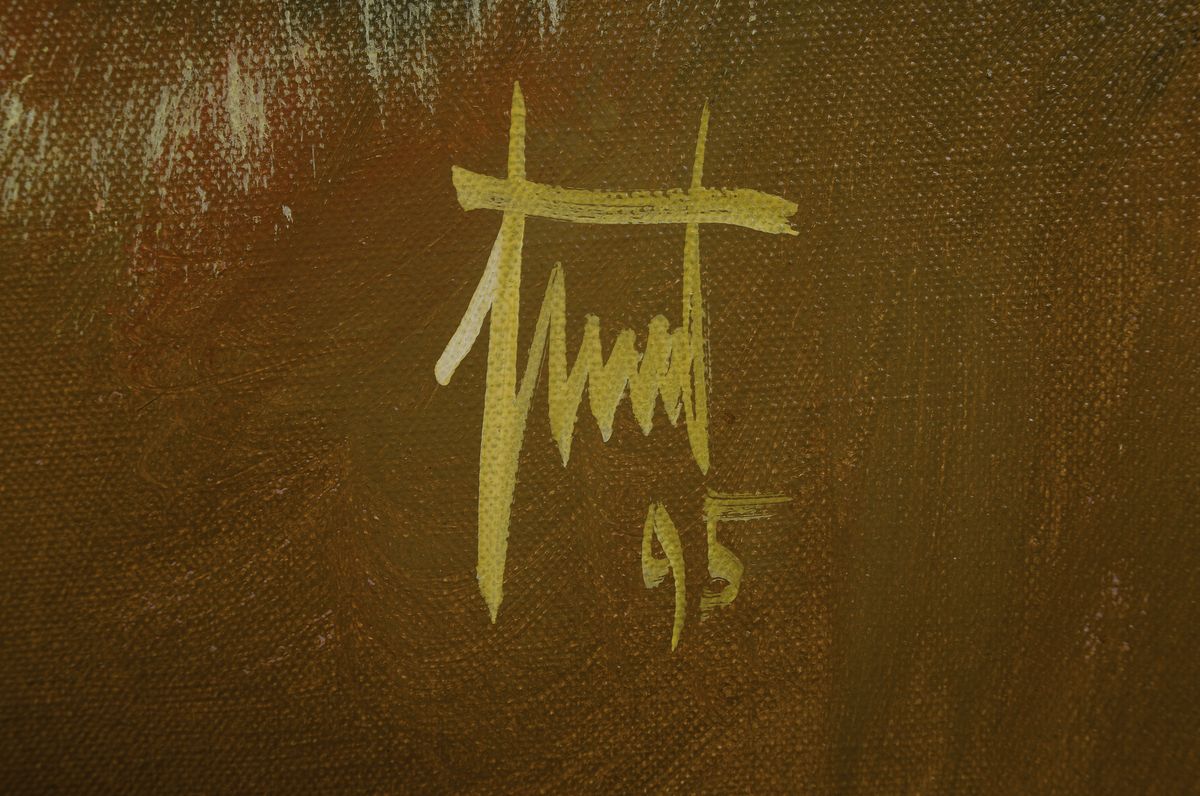 Detail a: Georg Günter Zeuner, 1923 Dresden - 2011 Speyer, "Das Liebespaar", eng umschlungenes Paar vor dem blauen Erdball schwebend, Acryl/ Lwd, ...