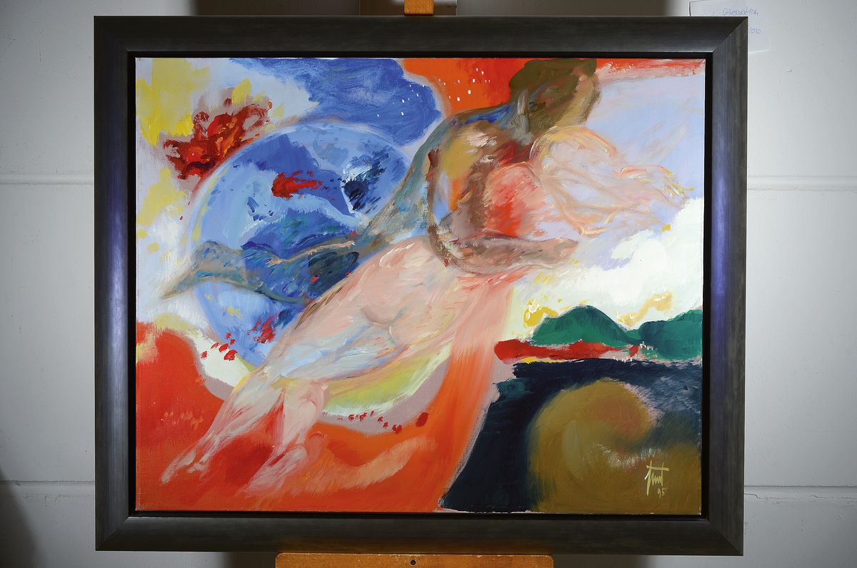 Detail k: Georg Günter Zeuner, 1923 Dresden - 2011 Speyer, "Das Liebespaar", eng umschlungenes Paar vor dem blauen Erdball schwebend, Acryl/ Lwd, ...