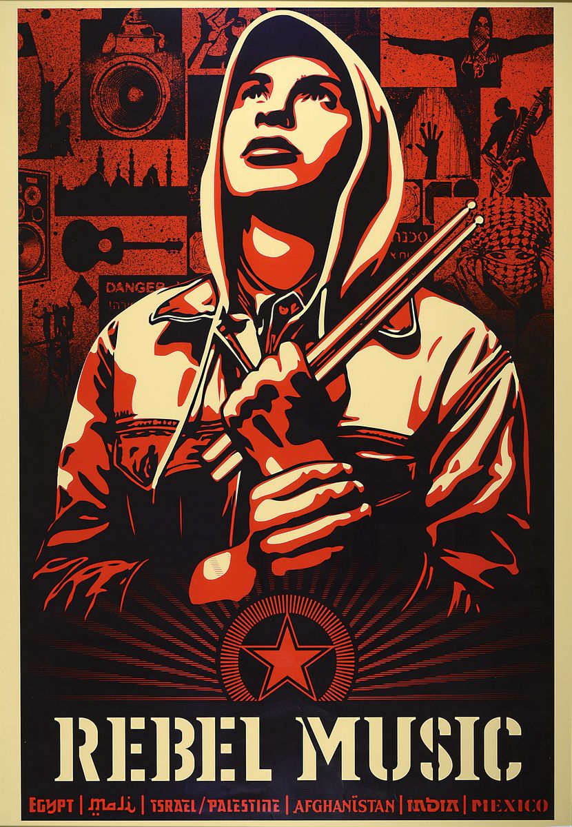 Shepard Fairey, geb. 1970, übergroßer Farbsiebdruck, Rebel Music, ca. 98x67cm/ 104x71cm, unter Glas gerahmt