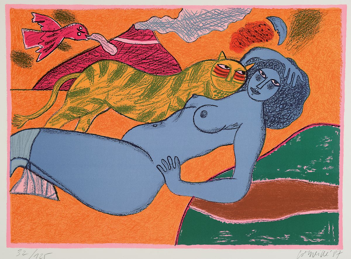 Detail b: Corneille, 1922-2010, Mappe mit 4 Farblithografien, aus der Edition Galerie Silkeborg, je signiert, nummeriert, Blatt ca. 50x65cm