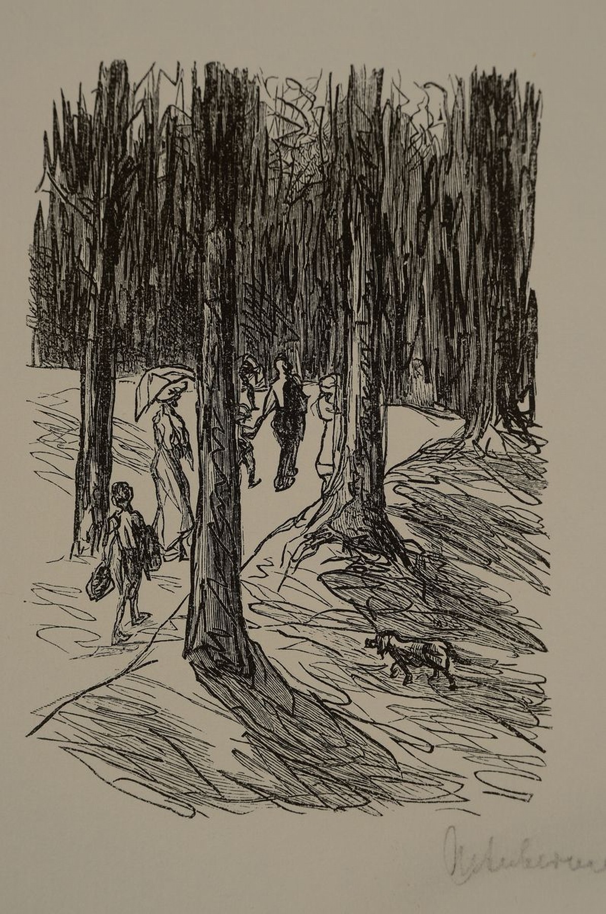 Max Liebermann, 1847-1935, Spaziergang mit Personenstaffage, Holzschnitt, handsigniert, Motivgrösse ca. 13x9cm, Blattgrösse ca. 38x28cm