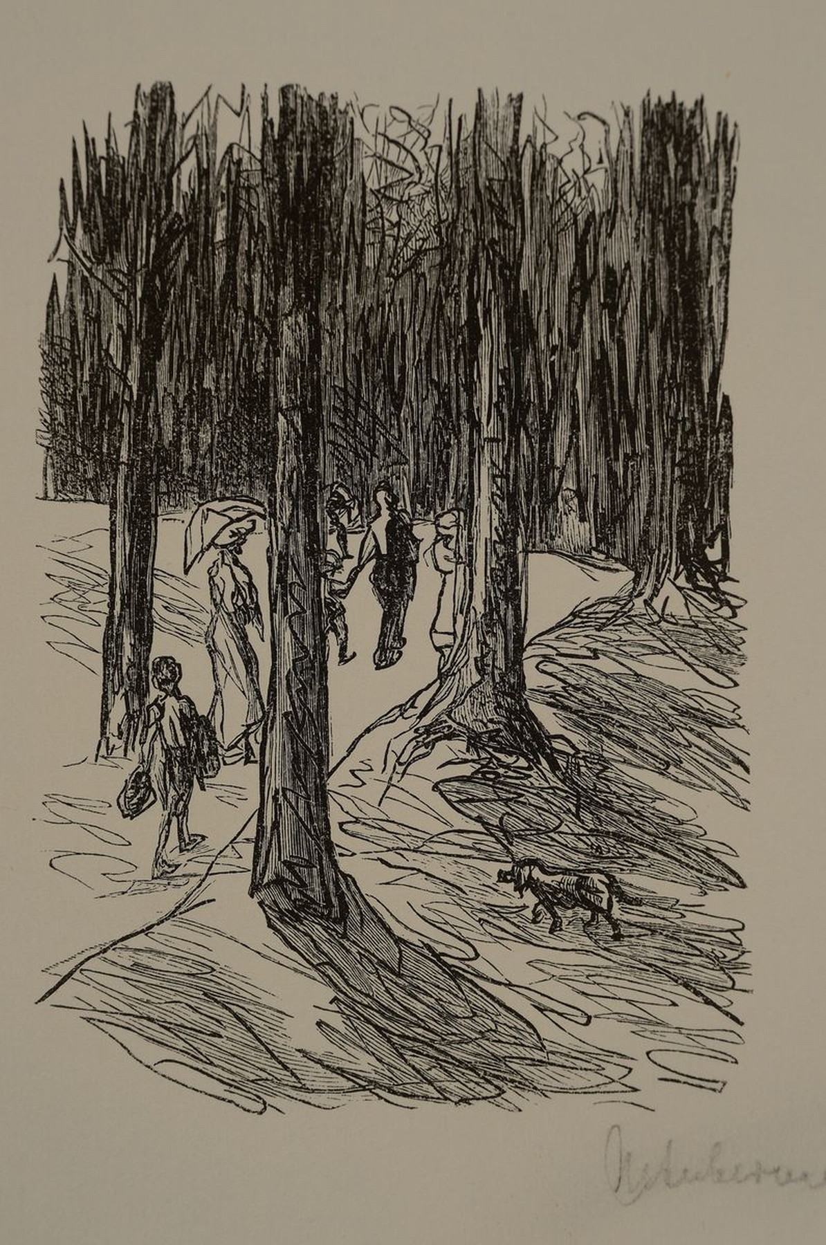 Detail k: Max Liebermann, 1847-1935, Spaziergang mit Personenstaffage, Holzschnitt, handsigniert, Motivgrösse ca. 13x9cm, Blattgrösse ca. 38x28cm