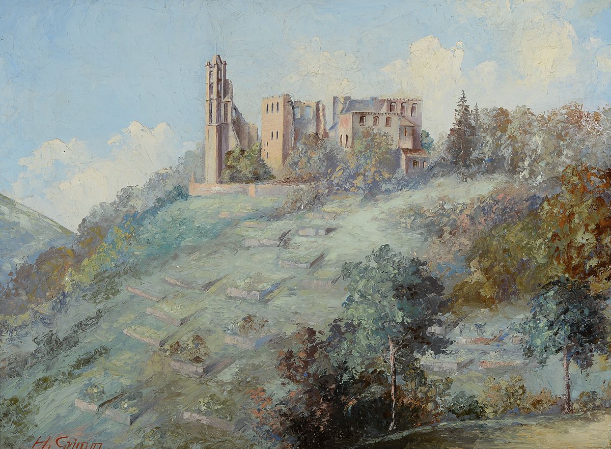 H. Grimm, Pfälzer Maler, Mitte 20. Jh., Ansicht Kloster Limburg Bad Dürkheim, Öl/Platte signiert, ca. 53 x 73 cm