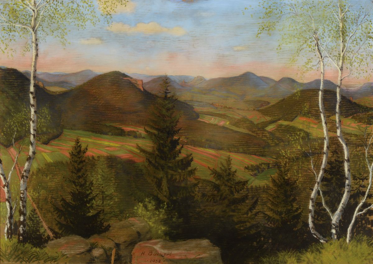 Heinrich Buchert, Pastell auf Papier, "Pfälzer Reichsland", Wasgaulandschaft, Pastell/Papier, signiert, dat. 1938, 60 x 84 cm, verso auf ...