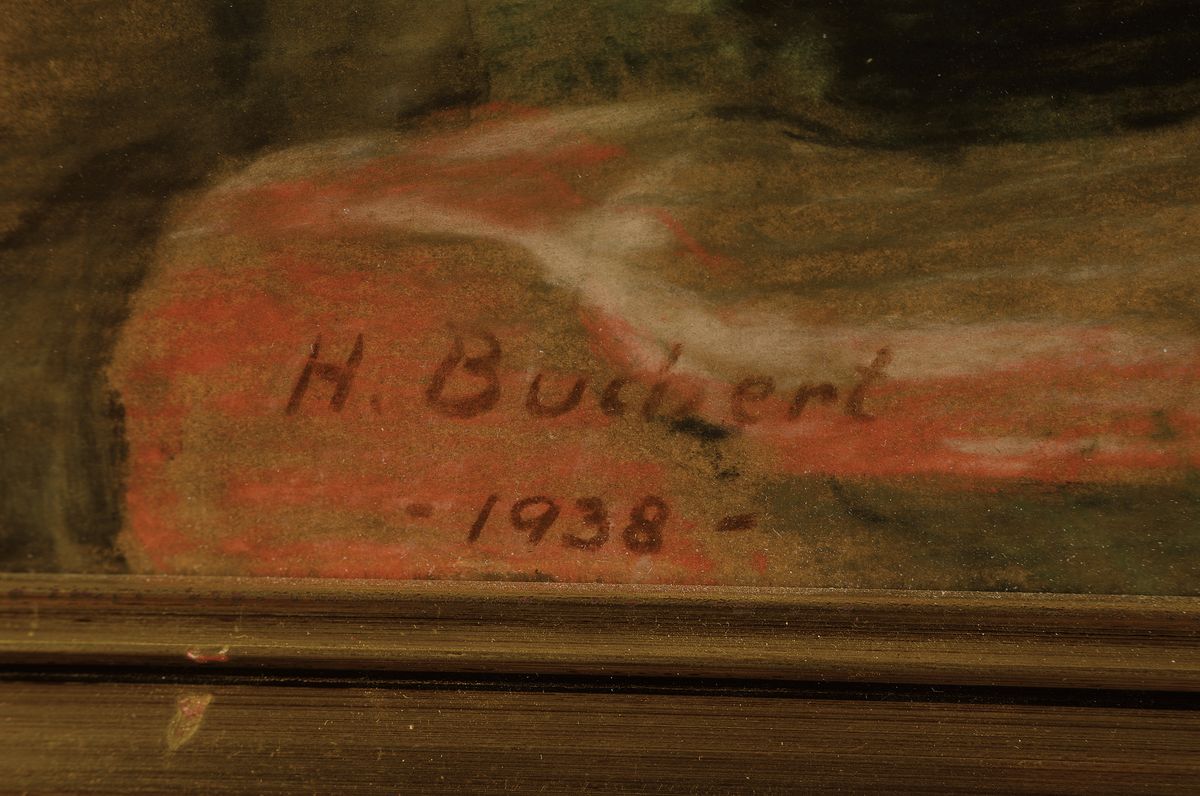 Detail a: Heinrich Buchert, Pastell auf Papier, "Pfälzer Reichsland", Wasgaulandschaft, Pastell/Papier, signiert, dat. 1938, 60 x 84 cm, verso auf ...