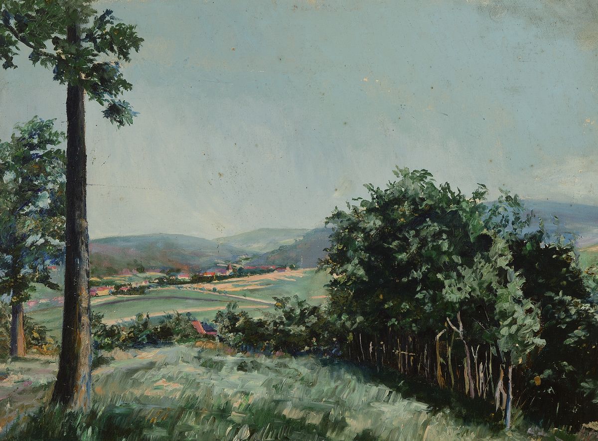 Emil Croissant, 1899 Landau - 1964, Pfälzer Landschaft, verso betitelt für Vater gemalt von Emil Croissant, Öl/Malkarton, ca. 34 x 47 cm, Rahmen