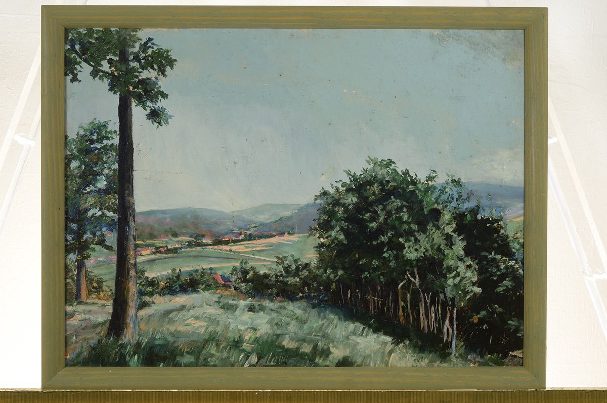 Detail k: Emil Croissant, 1899 Landau - 1964, Pfälzer Landschaft, verso betitelt für Vater gemalt von Emil Croissant, Öl/Malkarton, ca. 34 x 47 cm, Rahmen