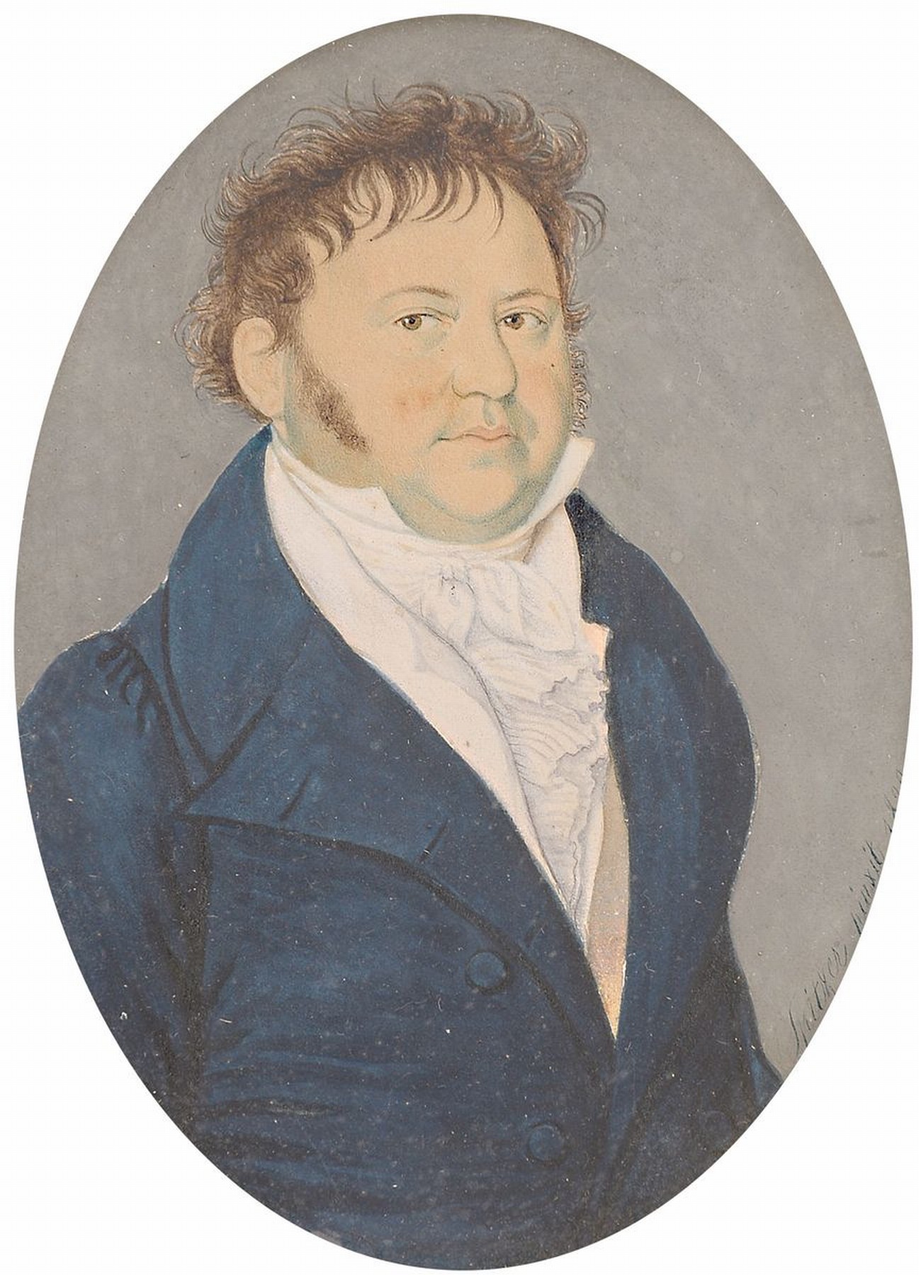 Frank Spitzer, 1780 Wien-nach 1837, war tätig in Innsbruck und später in Salzburg, hier: Bildnis eines Herrn in blauem Rock, signiert und datiert ...