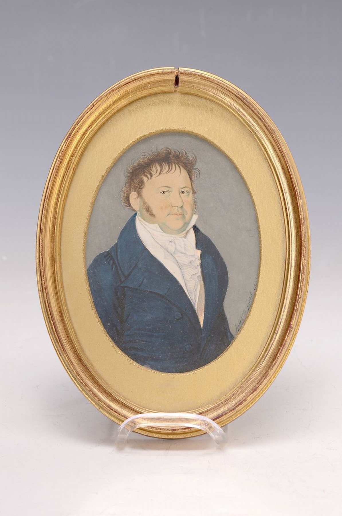 Detail k: Frank Spitzer, 1780 Wien-nach 1837, war tätig in Innsbruck und später in Salzburg, hier: Bildnis eines Herrn in blauem Rock, signiert und datiert ...